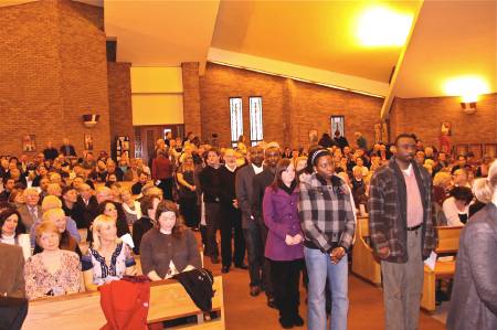 photo of the candidates and sponsors coming to meet Bishop Terry