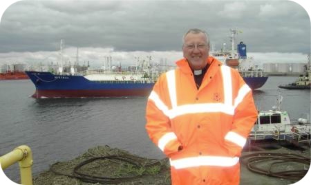photo of Bishop Terry at Teesport just prior to his trip on the Harbour launch