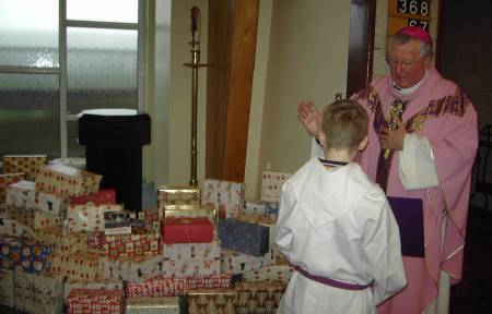 photo of Bishop Terry blessing gifts for seafarers