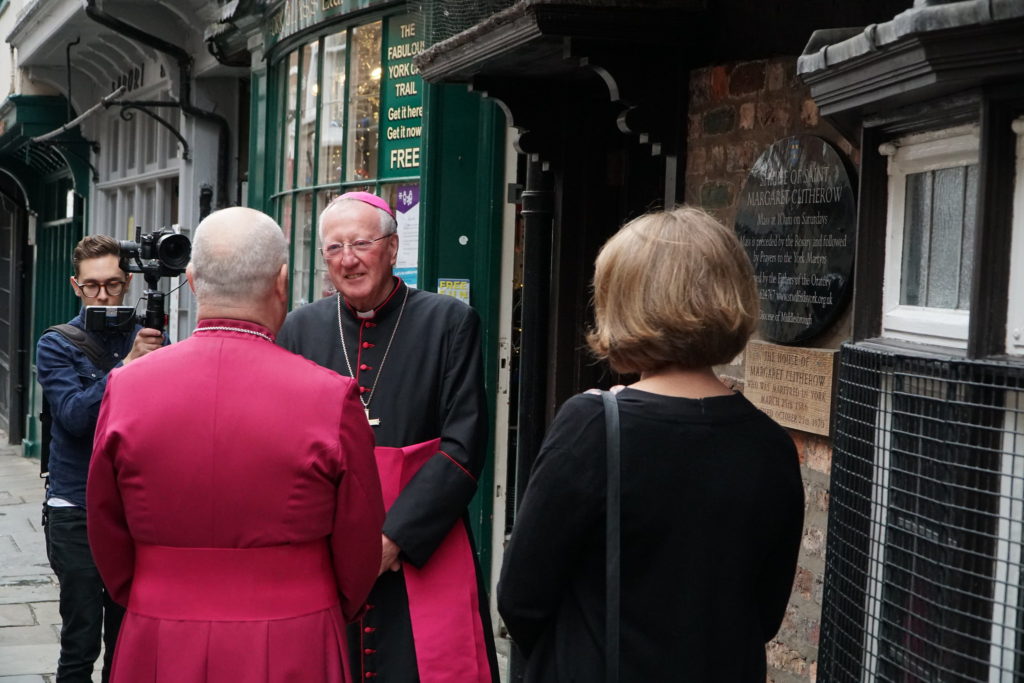 Bishop Terry welcomes newly elected 98th Archbishop of York Stephen Cottrell to pray alongside him in the shrine of St Margaret Clitherow – Picture by Duncan Lomax, Ravage Productions