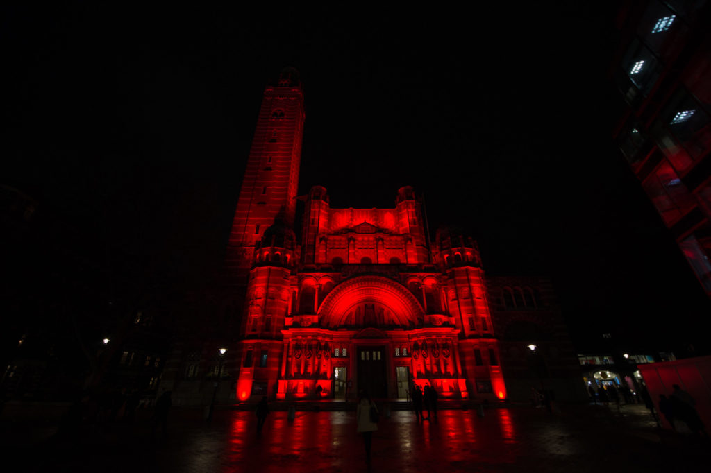 Westminster Cathedral lit up for Red Wednesday in 2019 © Mazur/cbcew.org.uk
