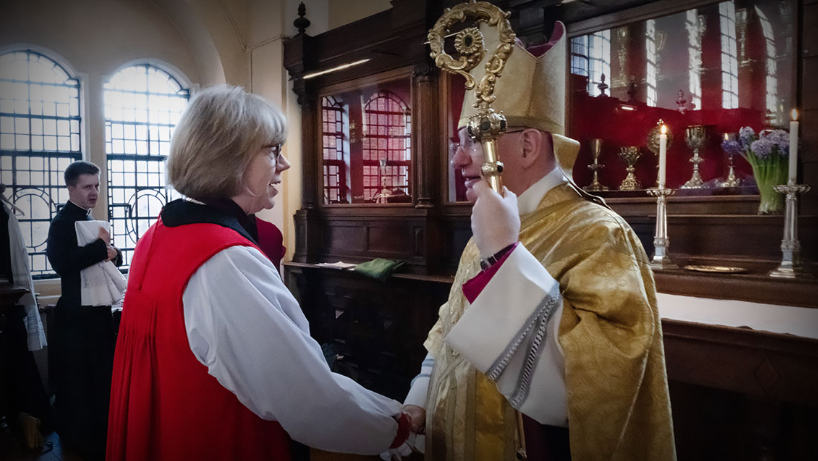 The Archbishop of Canterbury, Dame Sarah Mullally, greets Archbishop of Westminster Richard Moth